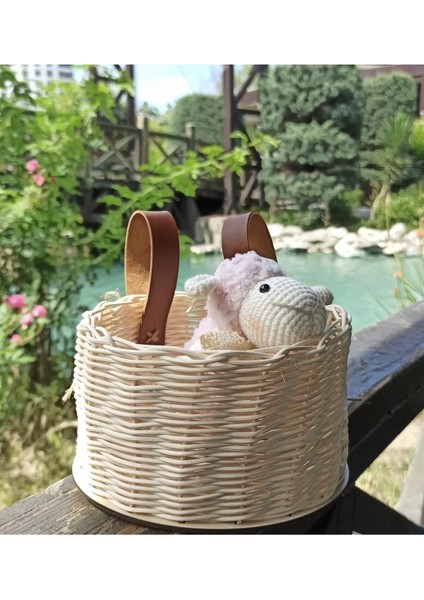 Ekru Hasır Bambu Rattan Scooter Sepeti Bisiklet Sepeti - Kitaplık Sepeti
