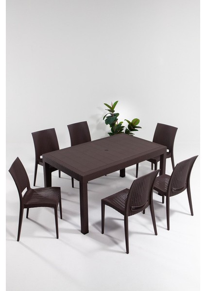Masa Seti Rattan Large Kahve Masa Takımı Bahçe&balkon 1 Masa + 6 Sandalye Plastik 150 x 90 6 Kahver