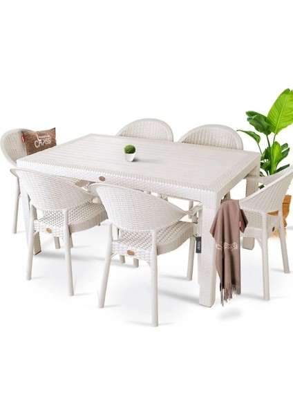 6 Bambu 90X150 cm Camsız Rattan Bahçe Balkon Masa Takımı Masa Seti Plastik Modern 90 x 150 Modern K