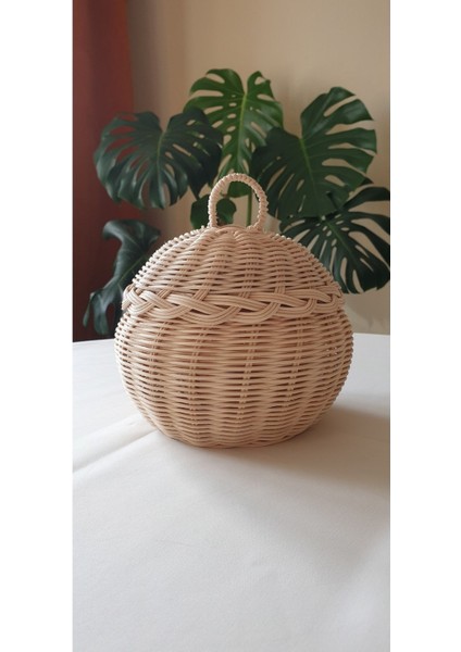 Bej Kapaklı Rattan Sepet Bambu