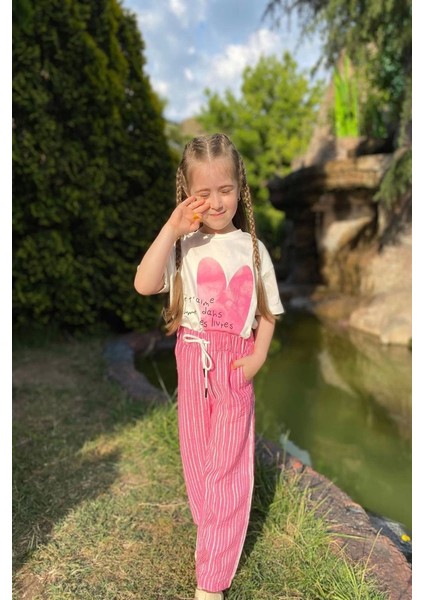 Kalp Desenli Dokuma Kumaş Pembe Renk Kız Çocuk Takım