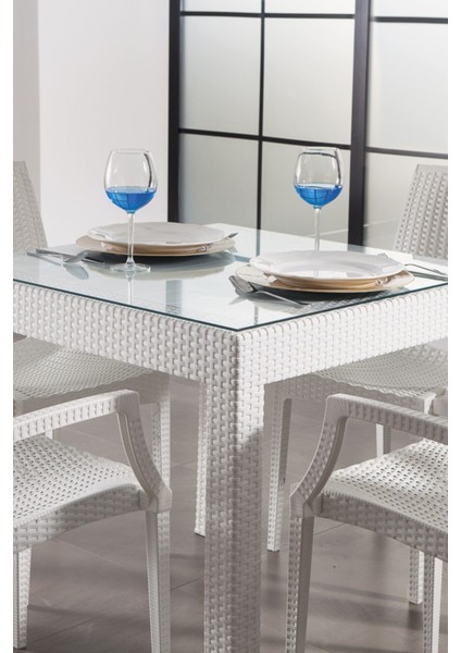 Plastik Rattan 80X80 Camlı Beyaz Masa - Bahçe&balkon&teras Kare Sabit 80 x 80 Beyaz