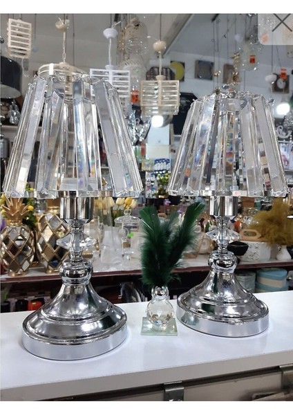 Metal Kristal Taşlı Gümüş Abajur 2'li Gümüş 2 Klasik E27