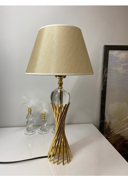 E27 Misbah Burgu Abajur Masa Lambası Kristal Camlı Gold Kaplama, Lampshade 1 Cam Modern Bej 46-70