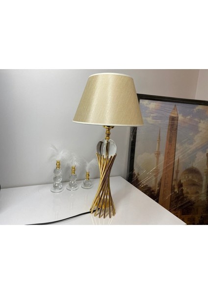 E27 Misbah Burgu Abajur Masa Lambası Kristal Camlı Gold Kaplama, Lampshade 1 Cam Modern Bej 46-70