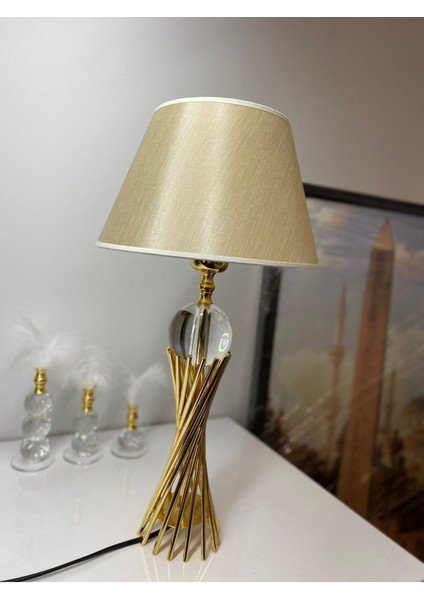 E27 Misbah Burgu Abajur Masa Lambası Kristal Camlı Gold Kaplama, Lampshade 1 Cam Modern Bej 46-70