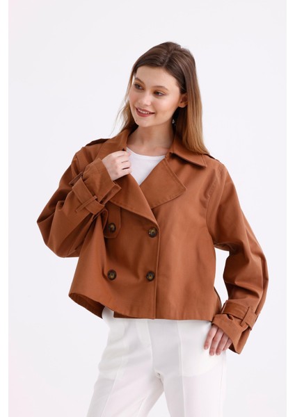 %100 Pamuk Gabardin Astarlı Oversize Geniş Kalıp Kadın Crop Kısa Trençkot 1122 fiyatları