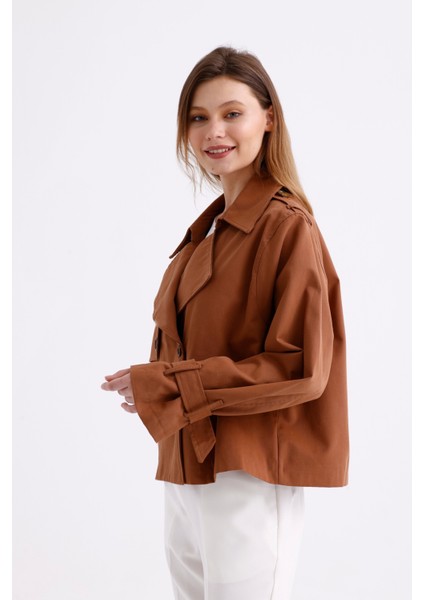 %100 Pamuk Gabardin Astarlı Oversize Geniş Kalıp Kadın Crop Kısa Trençkot 1122 modelleri