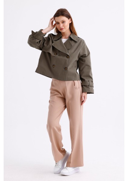 %100 Pamuk Gabardin Astarlı Oversize Geniş Kalıp Kadın Crop Kısa Trençkot 1122 modelleri