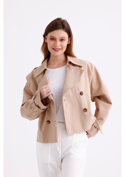 %100 Pamuk Gabardin Astarlı Oversize Geniş Kalıp Kadın Crop Kısa Trençkot 1122