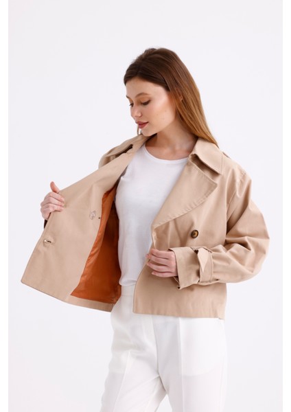 %100 Pamuk Gabardin Astarlı Oversize Geniş Kalıp Kadın Crop Kısa Trençkot 1122 fiyatları