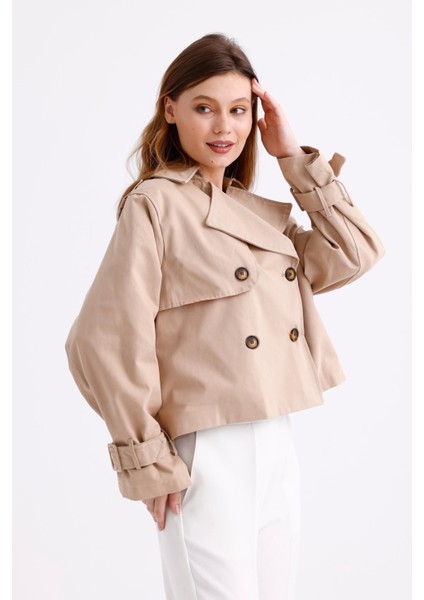 %100 Pamuk Gabardin Astarlı Oversize Geniş Kalıp Kadın Crop Kısa Trençkot 1122 modelleri