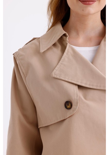 %100 Pamuk Gabardin Astarlı Oversize Geniş Kalıp Kadın Crop Kısa Trençkot 1122 indirimleri