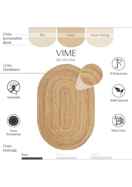 Vime 01E Natural Oval Jüt Halı Yolluk El Dokuma Jüt Kilim Hasır Halı Dekor Otantik Halı Bohem Halı