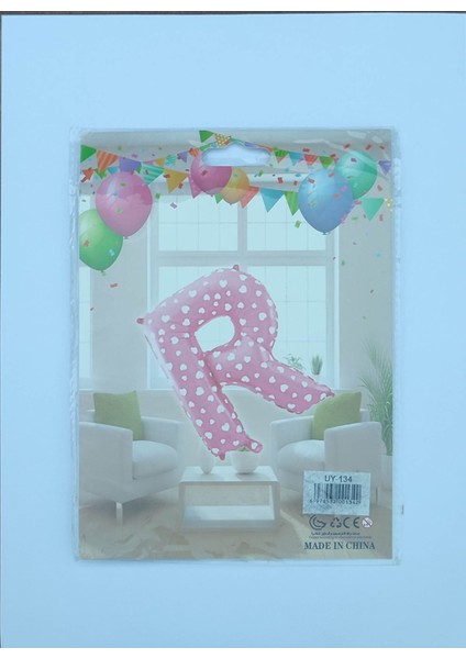 R Harf Pembe Kalp Desenli Folyo Balon 26" Inç 65 cm Parti, Doğum Günü, Balon