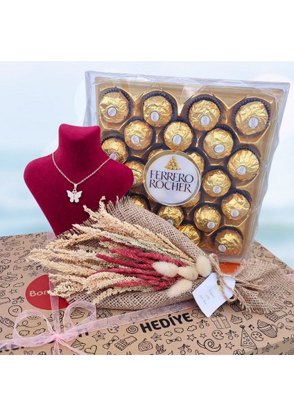 Çiçek Çikolata Kolye Hediye Seti, Beyaz Kelebek Kolye, Rocher Çikolata, Buket