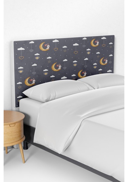 Gri Ay ve Bulut Desenli Çocuk Odası Yatak Baza Başlık Kılıfı TLABK-070