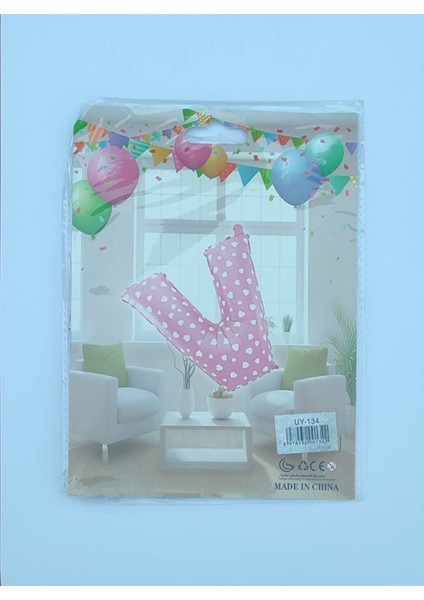 V Harf Pembe Kalp Desenli Folyo Balon 26" Inç 65 Cm Parti, Doğum Günü, Balon