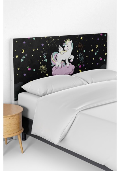Siyah Unicorn Desenli Çocuk Odası Yatak Baza Başlık Kılıfı TLABK-077