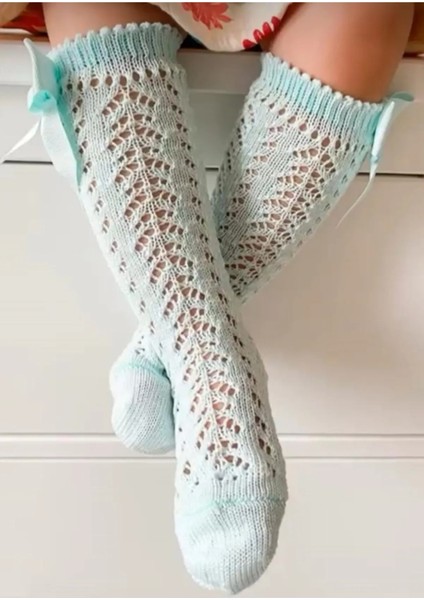 Bebeğime Fiyonklu File Dizaltı Çorap Kız Çocuk Mint Renk Pamuklu Antialerjik Tasarım