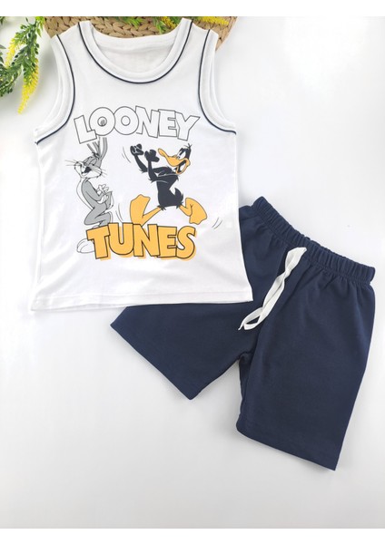 Erkek Çocuk Şort Sıfır Kol Tişort Ikili Takım Looney Tunes Baskılı Kırmızı Mavi Renk