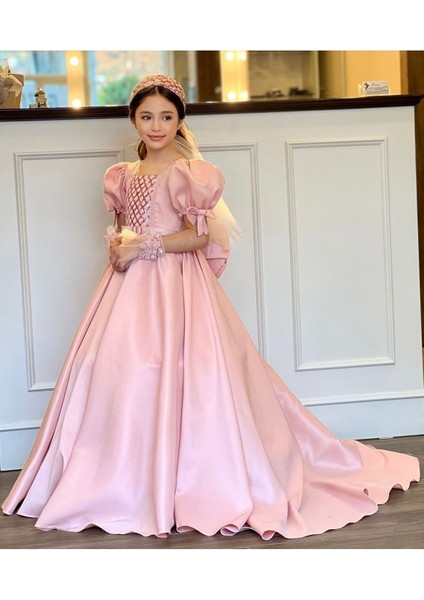 Tarlatanlı Duvaklı Saten Uzun Kız Çocuk Prenses Abiye Elbise fiyatları