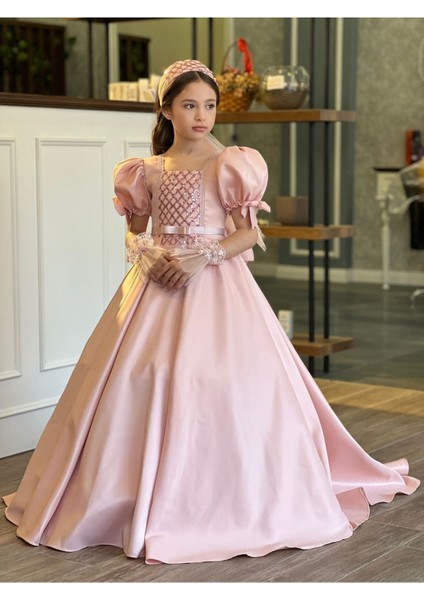 Tarlatanlı Duvaklı Saten Uzun Kız Çocuk Prenses Abiye Elbise modelleri