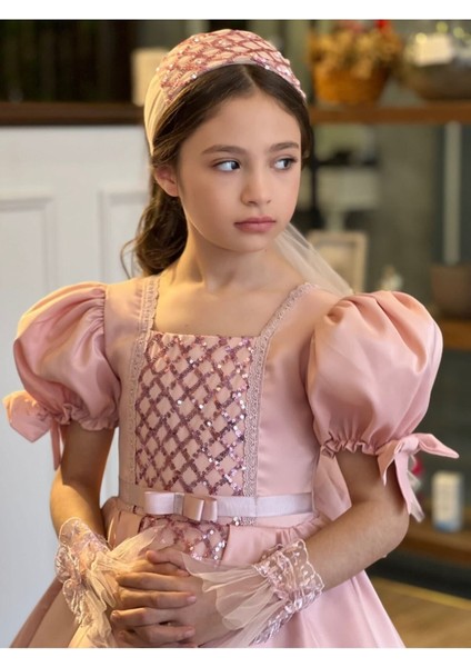 Tarlatanlı Duvaklı Saten Uzun Kız Çocuk Prenses Abiye Elbise indirimleri