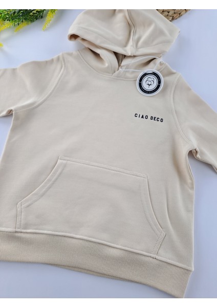 Kız / Erkek Çocuk Tek Sweatshirt Kapüşonlu Krem Renk