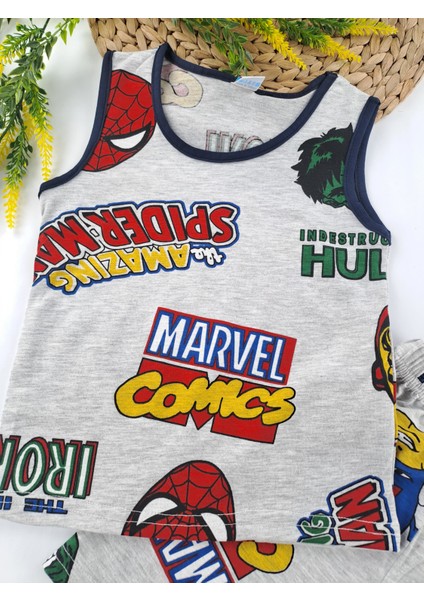 Erkek Çocuk Yazlık Şortlu Pijama Takımı Gri Spiderman Marvel Karakter Baskılı