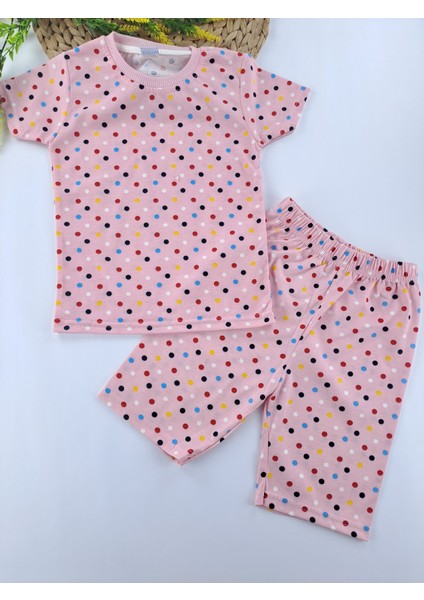 Kız Çocuk Yazlık Şortlu Pijama Takımı Pembe Renk Puantiyeli