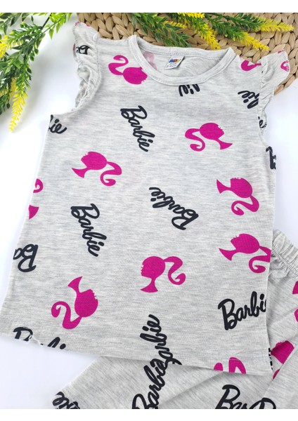Kız Çocuk Yazlık Şortlu Pijama Takımı Pembe Gri Renk Barbie Baskılı fiyatları