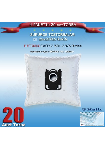 Oxygen Z 5500→Z 5695 - Z 5530 Oxygen - Z 5533 Oxygen - Z 5540 Oxygen - Z 5560 Oxygen - Z 5561 Oxygen Modellerine Uygun 20 Adet Süpürge Toz Torbası 202420