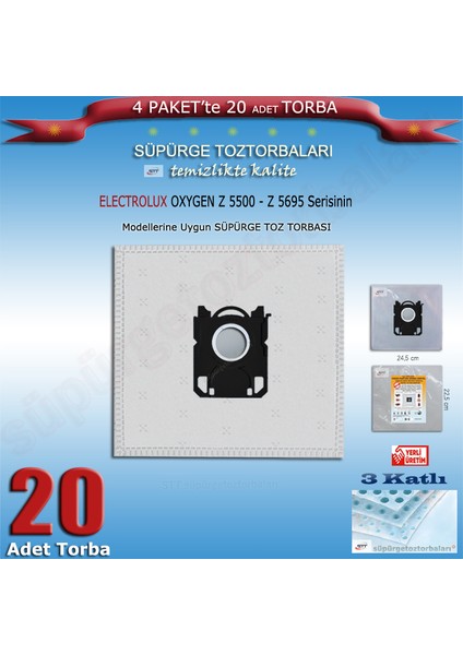 Oxygen Z 5500→Z 5695 - Z 5530 Oxygen - Z 5533 Oxygen - Z 5540 Oxygen - Z 5560 Oxygen - Z 5561 Oxygen Modellerine Uygun 20 Adet Süpürge Toz Torbası 202420