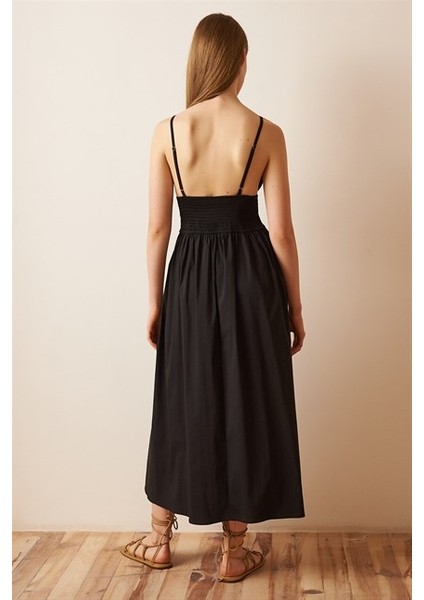 Kadın Elbise Ayarlanabilir Askılı Beli Lastikli Model Ince Gabardin Kumaş /Siyah