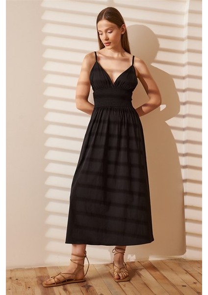 Kadın Elbise Ayarlanabilir Askılı Beli Lastikli Model Ince Gabardin Kumaş /Siyah fiyatları