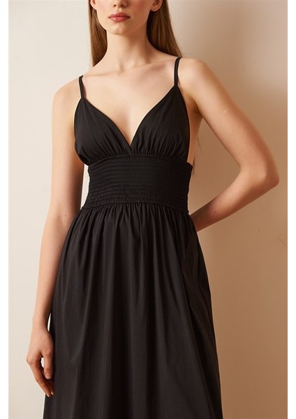 Kadın Elbise Ayarlanabilir Askılı Beli Lastikli Model Ince Gabardin Kumaş /Siyah fırsatları