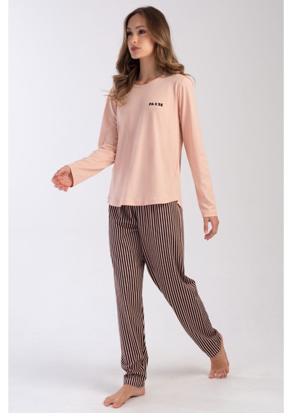 Pamuklu Kadın Büyük Beden Uzun Kol Pijama Takım , 403194