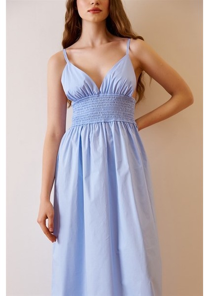 Kadın Elbise Ayarlanabilir Askılı Beli Lastikli Model Ince Gabardin Kumaş /Buz Mavisi
