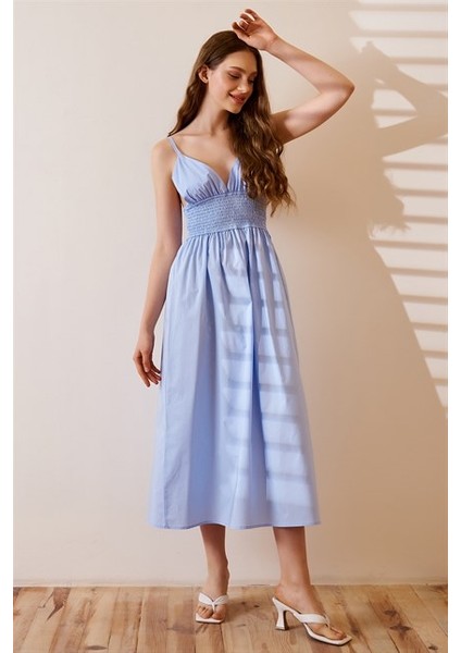 Kadın Elbise Ayarlanabilir Askılı Beli Lastikli Model Ince Gabardin Kumaş /Buz Mavisi