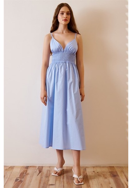 Kadın Elbise Ayarlanabilir Askılı Beli Lastikli Model Ince Gabardin Kumaş /Buz Mavisi