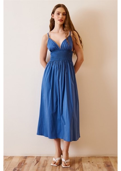 Kadın Elbise Ayarlanabilir Askılı Beli Lastikli Model Ince Gabardin Kumaş /İndigo fırsatları