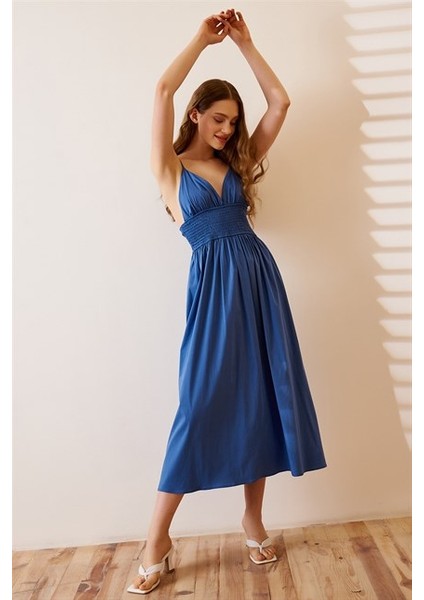 Kadın Elbise Ayarlanabilir Askılı Beli Lastikli Model Ince Gabardin Kumaş /İndigo indirimleri