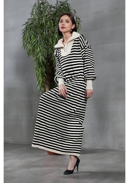 Kadın Oversize Yarım Fermuarlı Çizgili Uzun Triko Elbise