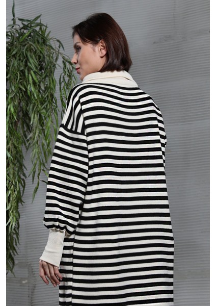 Kadın Oversize Yarım Fermuarlı Çizgili Uzun Triko Elbise