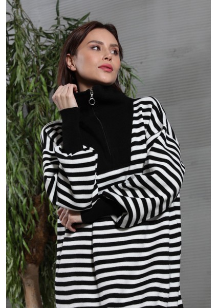 Kadın Oversize Yarım Fermuarlı Çizgili Uzun Triko Elbise