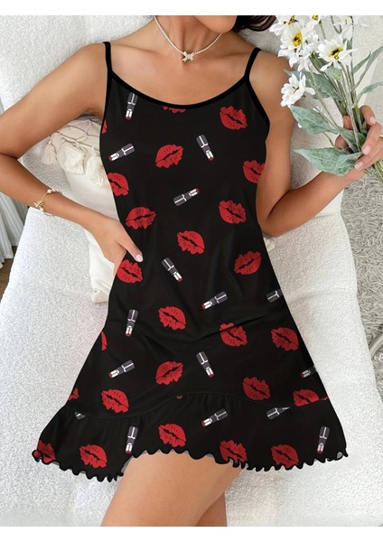 Kadın Öpücük Baskılı Askılı Gecelik Süprem Elbise fiyatları