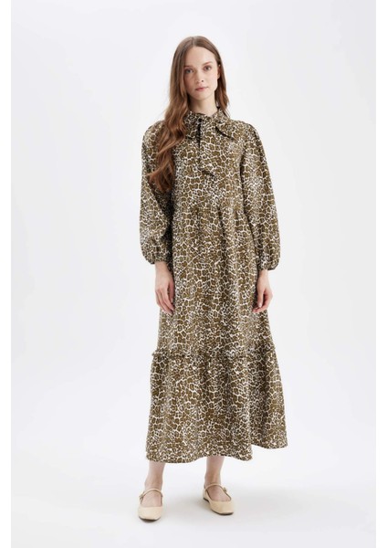 Fiyonk Yaka Leopar Desenli Düğmeli Uzun Kollu Maxi Elbise D4094AX24AU fiyatları