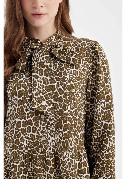 Fiyonk Yaka Leopar Desenli Düğmeli Uzun Kollu Maxi Elbise D4094AX24AU fırsatları