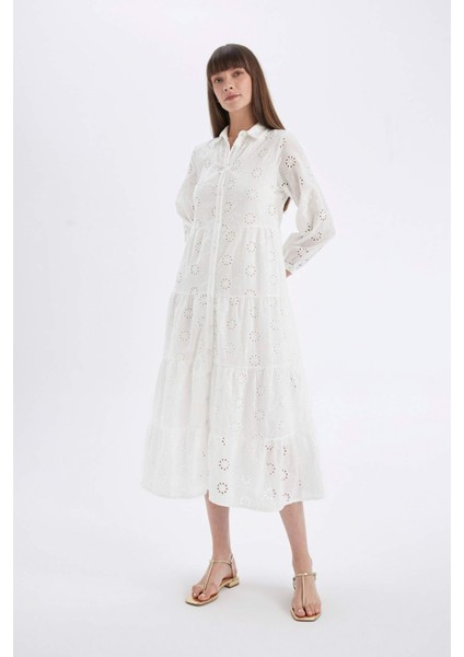 Gömlek Yaka Vual Brode Yarım Kol Maxi Beyaz Elbise modelleri